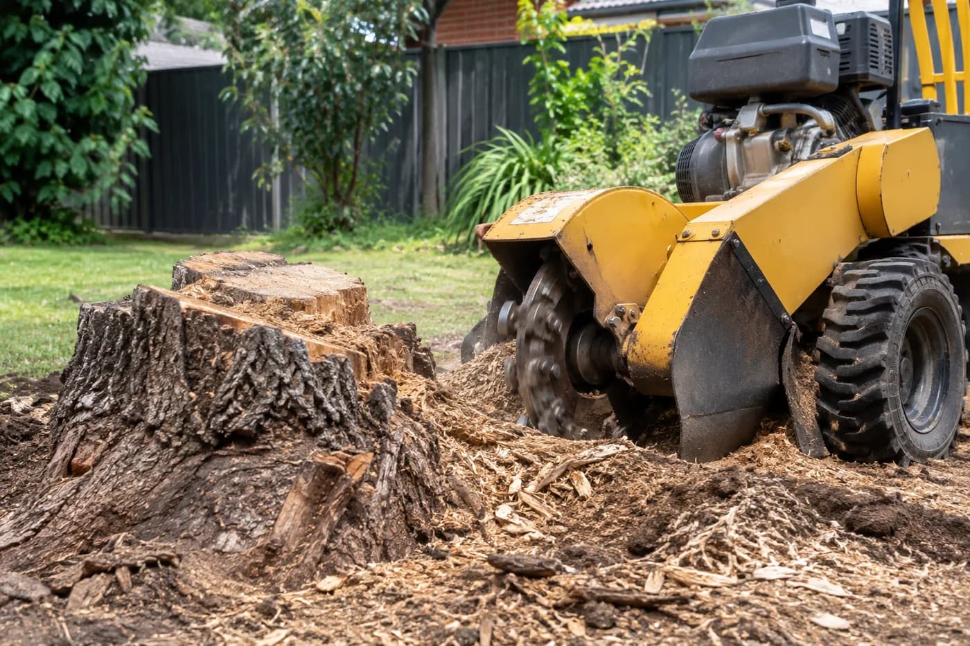 Tree stump, fresh wood chips and a compact stump grinder in a garden